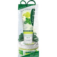 Naturalis dárkové balení Limetka a Máta, tělový cukrový scrub 300ml + sprchový gel 250ml a síťová houba